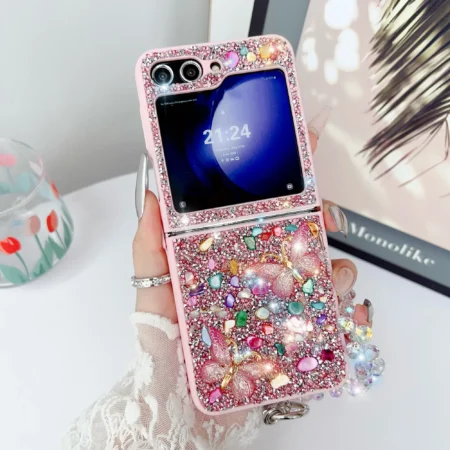 Coque de téléphone à paillettes de luxe, étui pour Samsung Galaxy Z Flip 7 6 5 4 3 Flip7 Flip6 Flip5 5G, mignon, pierre de cristal scintillante, dragonne