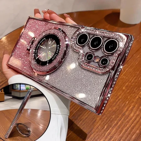 Coque de luxe à paillettes Magsafe avec support en diamant, étui plaqué pour Samsung Galaxy S25 Edge S24 Ultra S23 S22Plus A55 A35 A25 A24 A15