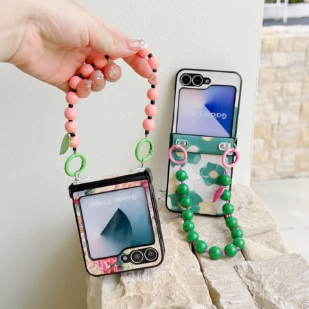 Couverture de fleur en cuir PU avec Protection de charnière et Bracelet de chaîne de poignet pour Samsung Galaxy Z Flip 6 5 4 3 coque de téléphone