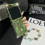 Coque de téléphone magnétique en cuir imprimé léopard, paillettes scintillantes, strass, chaîne à main, dragonne pour Samsung Galaxy Z Flip 6 5 4 3 5G