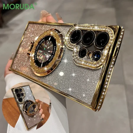 Coque avec support à paillettes S25Ultra Magsafe, étui en diamant magnétique pour Samsung Galaxy S24 S23 S22 Ultra S25 Plus A55 A53 A52S A15 A16