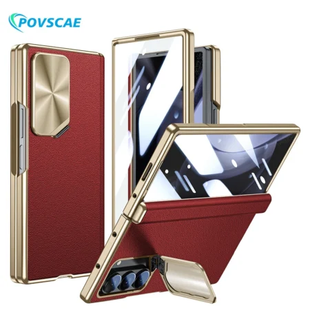 Pour Samsung Galaxy Z Fold 6 étui avec support de couverture d'appareil photo en cuir véritable galvanoplastie mince charnière magnétique étuis de Protection