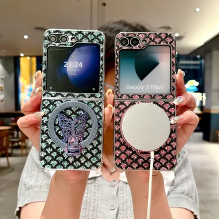 Étui de téléphone magnétique en cuir galvanisé, housse de protection, papillon, Samsung Z Flip 6, 5, 4, 3 Flip6, Flip5, Flip4, Flip3
