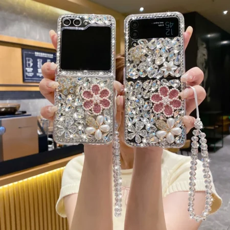 Bling rose perle fleur argent diamant paillettes étui pour Samsung Galaxy Z Flip 6 Z Flip5 Z Flip4 luxe cristal bracelet couverture transparente