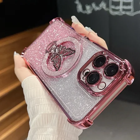 Étui de luxe à paillettes papillon avec Film d'objectif, étui de téléphone pour iPhone 11 12 13 14 15 16 Pro Max Plus, couverture Anti-chute à quatre coins