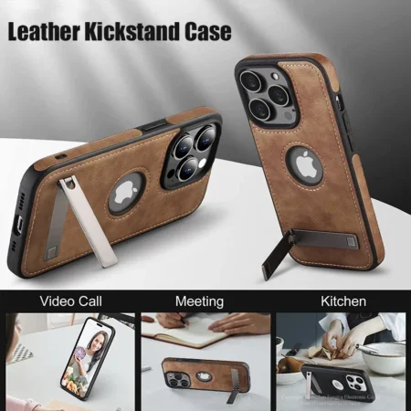 Coque de téléphone avec béquille en cuir, étui arrière de luxe résistant aux chocs, Flexible et souple, pour iPhone 15 13 Pro Max 14 Plus 12 11