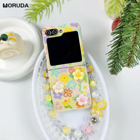 Étui avec Bracelet à fleurs 3D, dessin animé mignon, pour Samsung Galaxy Z Flip 6 5 4 3 Flip6, perles colorées, chaîne de poignet, housse souple antichoc